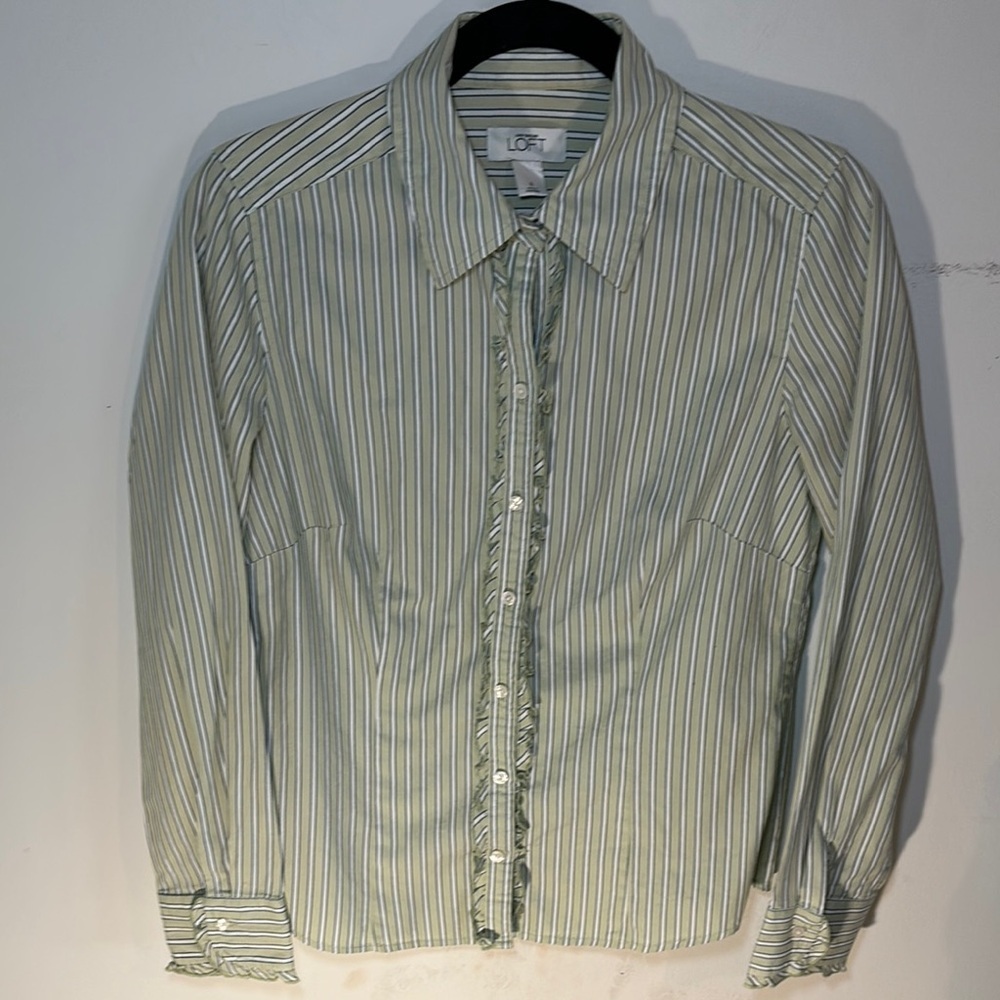 LOFT Green Striped Button-Up Blouse